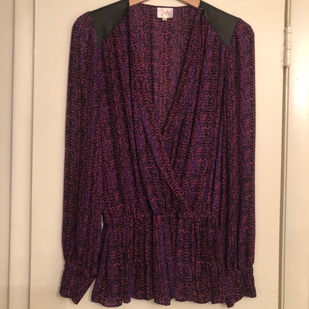 Leather Shoulder Accent Purple Leopard Blouse